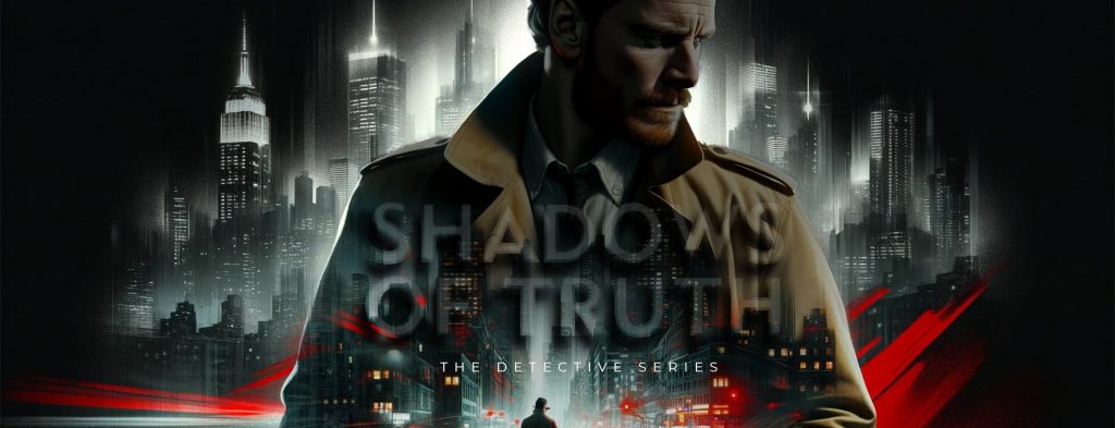 hadows of Truth game artwork, featuring detectives in a dark, mysterious city setting